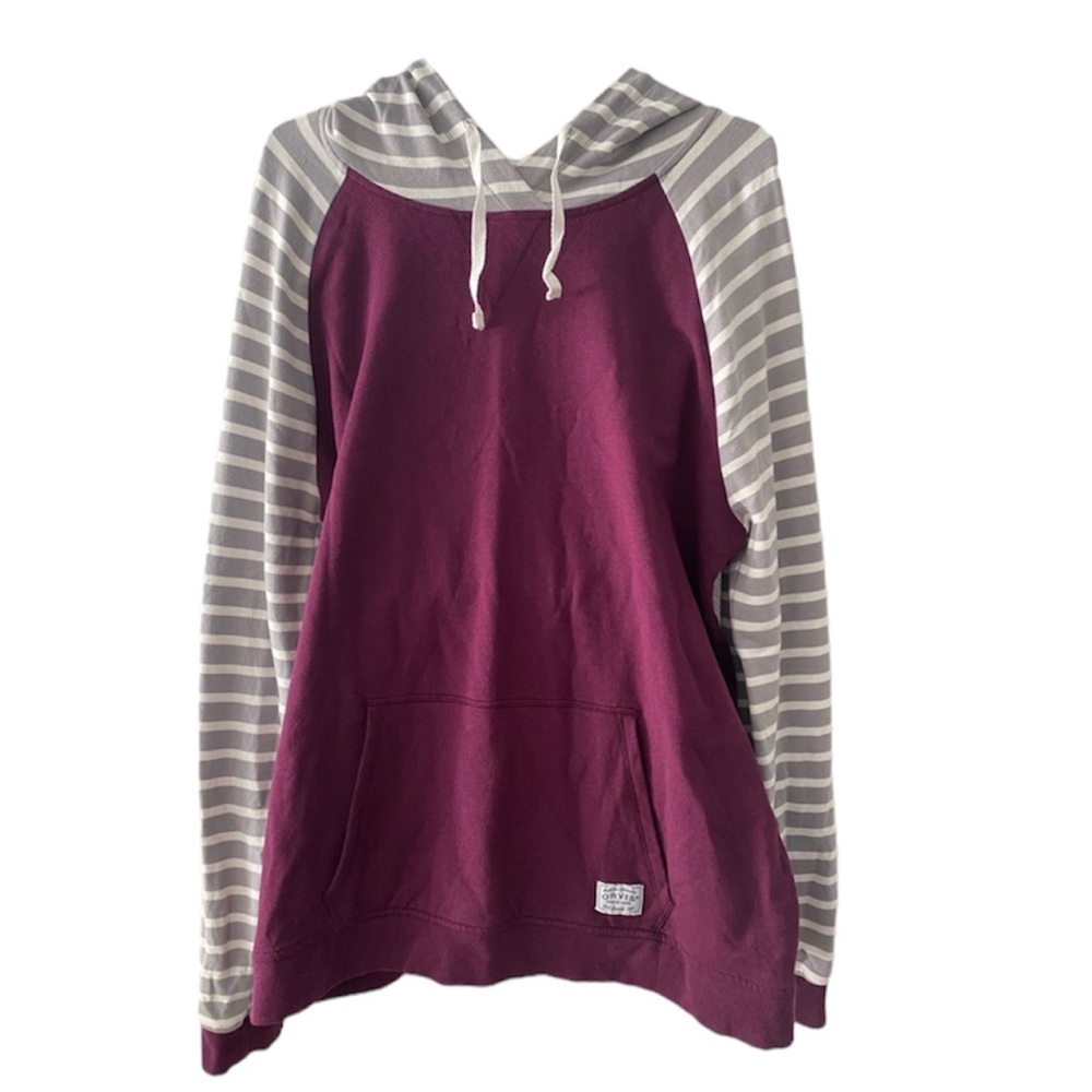 Orvis Color Block Pullover Long White/Gray Stripped Sleeves & Hoodie Size L‎